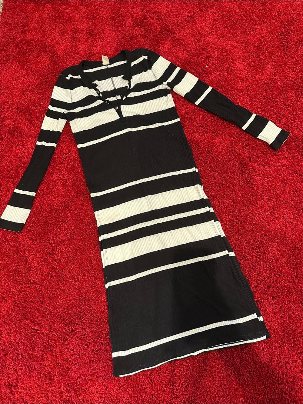 Free People Black & White Striped Long Sleeve Midi Dress